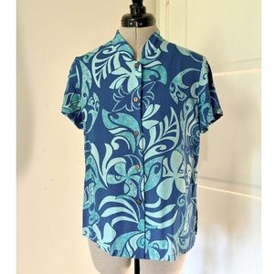 PAPAYA Vintage 1960s Women's Hawaiian Aloha Shirt Mandarin Collar Blue Rayon XS